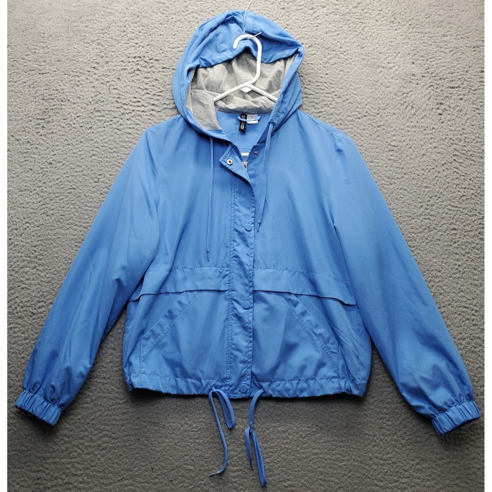H&M Divided Rain Jacket Women XS Blue Hooded Drawstring Hem Snap Inside Full Zip